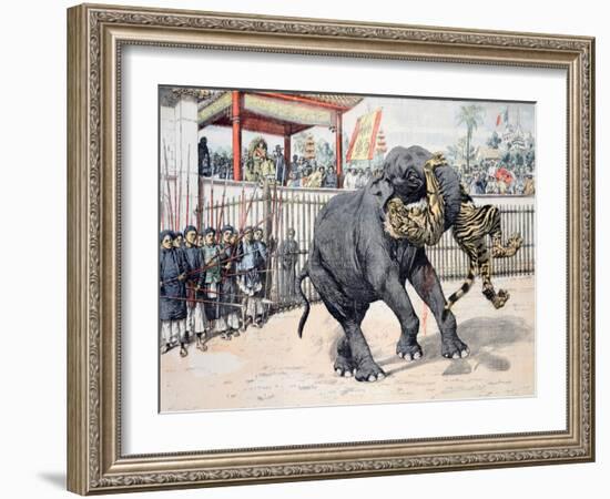 Elephant Tiger Fight Chinese or Vietnamese Circus (Annam)-null-Framed Giclee Print