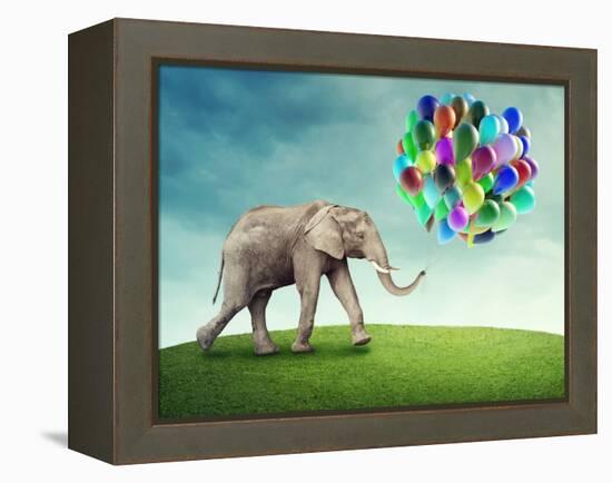 Elephant with a Colorful Balloons-egal-Framed Premier Image Canvas