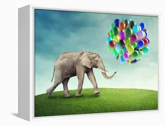 Elephant with a Colorful Balloons-egal-Framed Premier Image Canvas