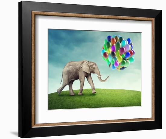 Elephant with a Colorful Balloons-egal-Framed Photographic Print