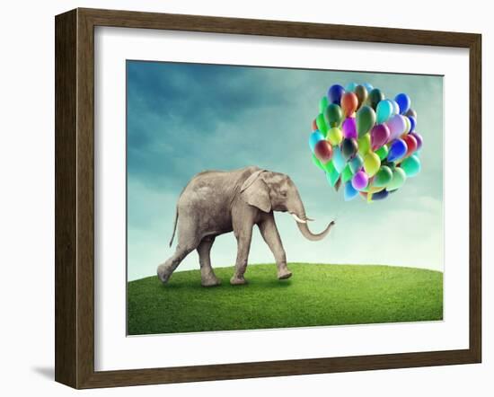 Elephant with a Colorful Balloons-egal-Framed Photographic Print