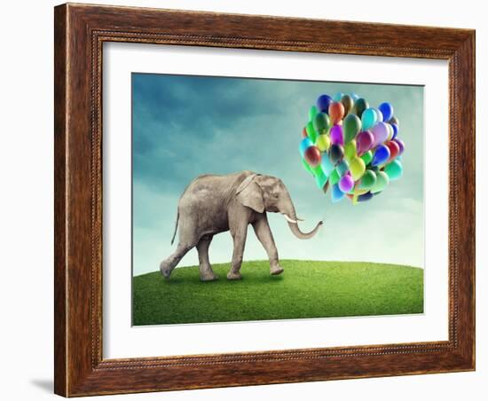 Elephant with a Colorful Balloons-egal-Framed Photographic Print