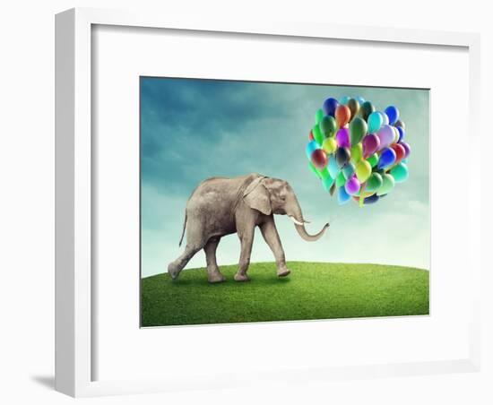 Elephant with a Colorful Balloons-egal-Framed Photographic Print