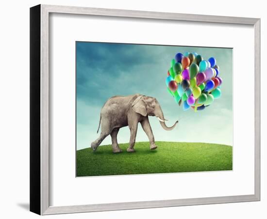 Elephant with a Colorful Balloons-egal-Framed Photographic Print