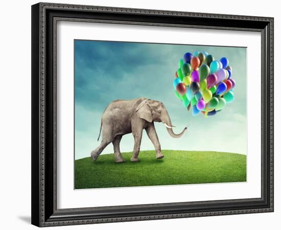 Elephant with a Colorful Balloons-egal-Framed Photographic Print