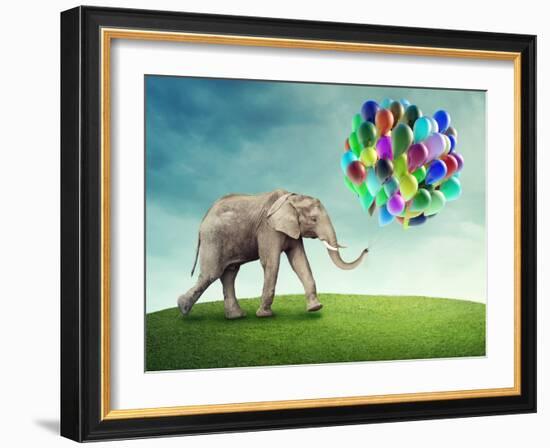 Elephant with a Colorful Balloons-egal-Framed Photographic Print