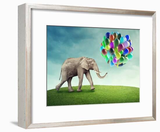 Elephant with a Colorful Balloons-egal-Framed Photographic Print