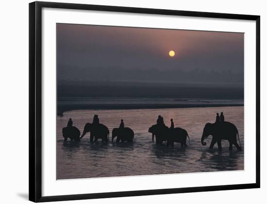 Elephants Lumber into River at Sonpur-George F^ Mobley-Framed Art Print