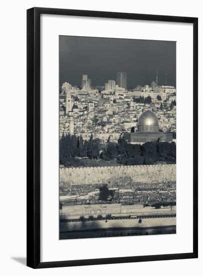 Elevated city view with Temple Mount and Dome of the Rock from the Mount of Olives at dawn, Jeru...-null-Framed Photographic Print