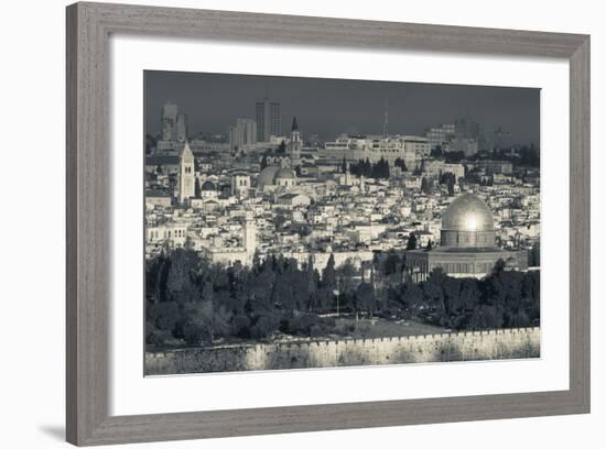 Elevated city view with Temple Mount and Dome of the Rock from the Mount of Olives at dawn, Jeru...-null-Framed Photographic Print