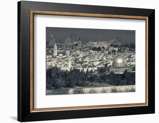 Elevated city view with Temple Mount and Dome of the Rock from the Mount of Olives at dawn, Jeru...-null-Framed Photographic Print