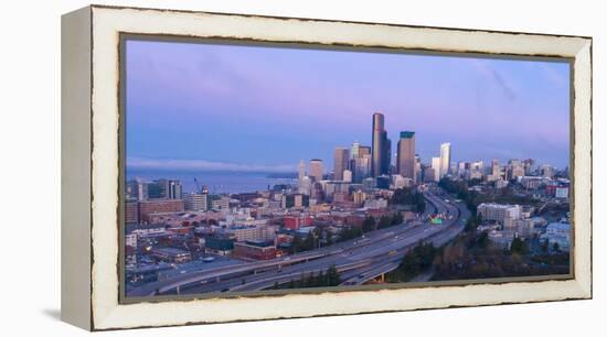 Elevated downtown roads at dusk with skyscrapers in background, Seattle, Washington, USA-Panoramic Images-Framed Premier Image Canvas