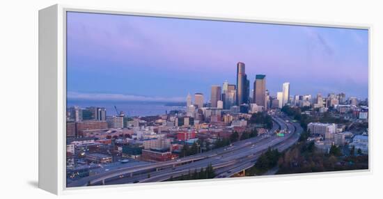 Elevated downtown roads at dusk with skyscrapers in background, Seattle, Washington, USA-Panoramic Images-Framed Premier Image Canvas