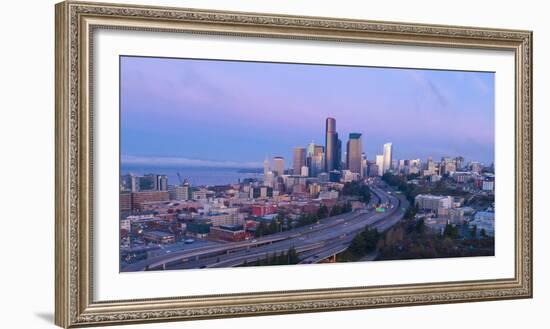 Elevated downtown roads at dusk with skyscrapers in background, Seattle, Washington, USA-Panoramic Images-Framed Photographic Print