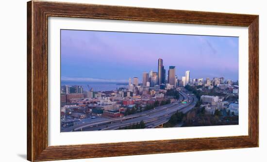 Elevated downtown roads at dusk with skyscrapers in background, Seattle, Washington, USA-Panoramic Images-Framed Photographic Print