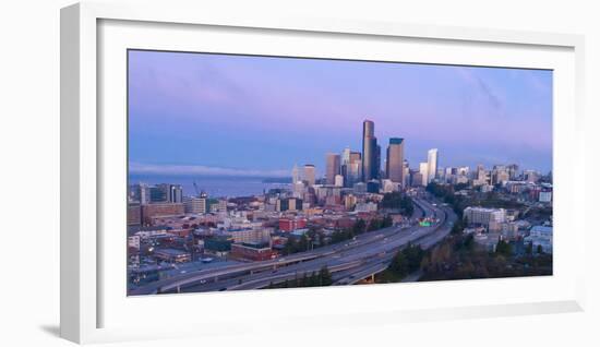Elevated downtown roads at dusk with skyscrapers in background, Seattle, Washington, USA-Panoramic Images-Framed Photographic Print