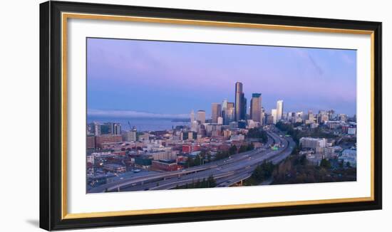 Elevated downtown roads at dusk with skyscrapers in background, Seattle, Washington, USA-Panoramic Images-Framed Photographic Print