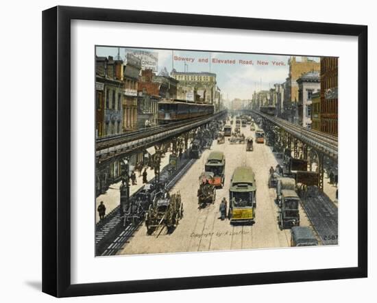 Elevated Subway and Traffic on the Road in the Bowery, New York, America-null-Framed Photographic Print