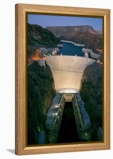 Elevated view at dusk of Hoover Dam (formerly Boulder dam) and Lake Mead is in the Black Canyon...-null-Framed Premier Image Canvas