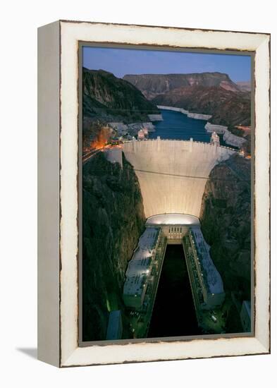 Elevated view at dusk of Hoover Dam (formerly Boulder dam) and Lake Mead is in the Black Canyon...-null-Framed Premier Image Canvas