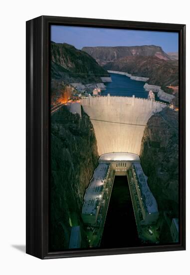 Elevated view at dusk of Hoover Dam (formerly Boulder dam) and Lake Mead is in the Black Canyon...-null-Framed Premier Image Canvas