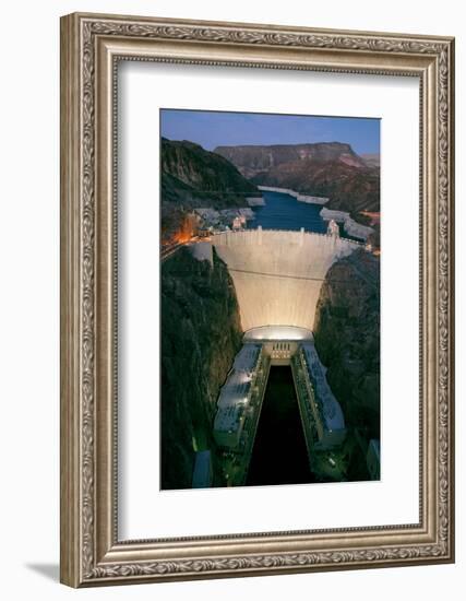 Elevated view at dusk of Hoover Dam (formerly Boulder dam) and Lake Mead is in the Black Canyon...-null-Framed Photographic Print