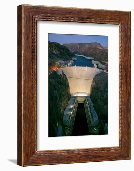 Elevated view at dusk of Hoover Dam (formerly Boulder dam) and Lake Mead is in the Black Canyon...-null-Framed Photographic Print