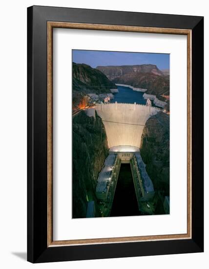 Elevated view at dusk of Hoover Dam (formerly Boulder dam) and Lake Mead is in the Black Canyon...-null-Framed Photographic Print