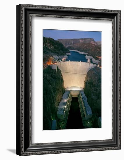 Elevated view at dusk of Hoover Dam (formerly Boulder dam) and Lake Mead is in the Black Canyon...-null-Framed Photographic Print