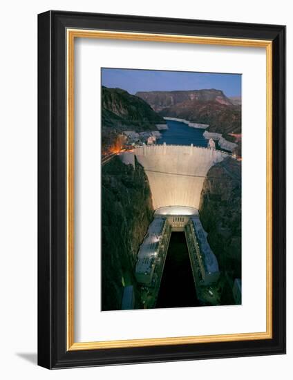 Elevated view at dusk of Hoover Dam (formerly Boulder dam) and Lake Mead is in the Black Canyon...-null-Framed Photographic Print