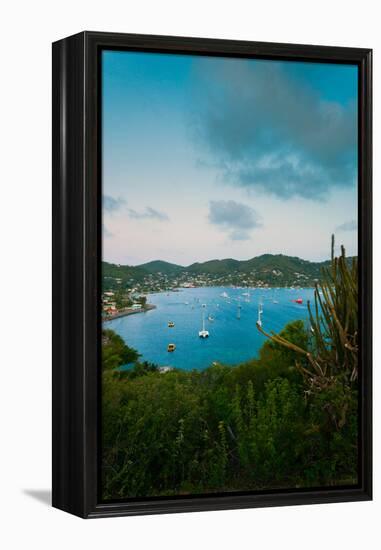 Elevated view of boats in Caribbean sea, Hamilton Battery, Port Elizabeth, Bequia, Saint Vincent...-null-Framed Premier Image Canvas