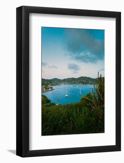 Elevated view of boats in Caribbean sea, Hamilton Battery, Port Elizabeth, Bequia, Saint Vincent...-null-Framed Photographic Print