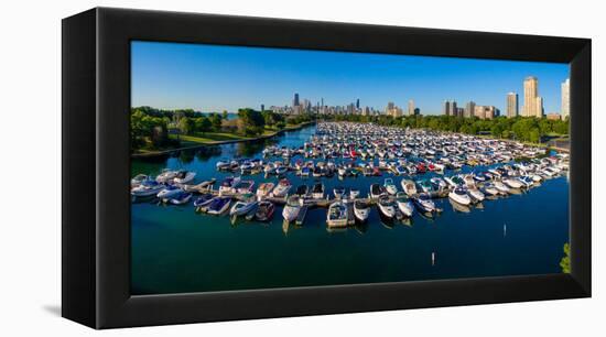 Elevated view of boats moored at Diversey Harbor, Chicago, Illinois, USA-null-Framed Premier Image Canvas