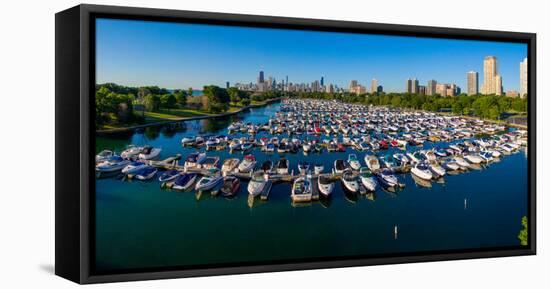 Elevated view of boats moored at Diversey Harbor, Chicago, Illinois, USA-null-Framed Premier Image Canvas