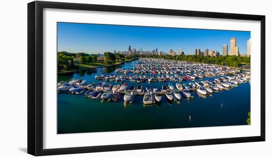 Elevated view of boats moored at Diversey Harbor, Chicago, Illinois, USA-null-Framed Photographic Print