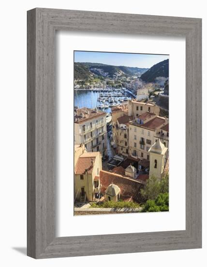 Elevated view of marina, Bonifacio, Corsica, France, Mediterranean, Europe-Eleanor Scriven-Framed Photographic Print