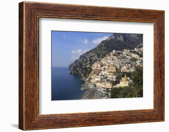 Elevated View of Positano Beach and Cliffs, Costiera Amalfitana (Amalfi Coast), Campania, Italy-Eleanor Scriven-Framed Photographic Print