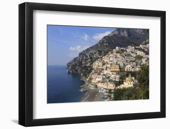 Elevated View of Positano Beach and Cliffs, Costiera Amalfitana (Amalfi Coast), Campania, Italy-Eleanor Scriven-Framed Photographic Print