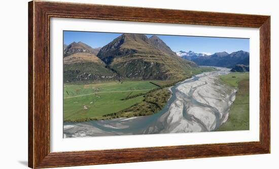 Elevated view of river passing through mountains, Matukituki River, Lake Waneka, Mount Aspiring...-null-Framed Photographic Print