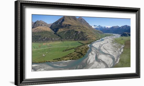 Elevated view of river passing through mountains, Matukituki River, Lake Waneka, Mount Aspiring...-null-Framed Photographic Print