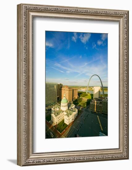 Elevated view of Saint Louis Historical Old Courthouse and Gateway Arch on Mississippi River, St...-null-Framed Photographic Print