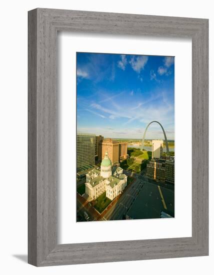 Elevated view of Saint Louis Historical Old Courthouse and Gateway Arch on Mississippi River, St...-null-Framed Photographic Print