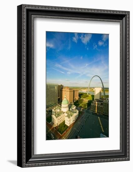 Elevated view of Saint Louis Historical Old Courthouse and Gateway Arch on Mississippi River, St...-null-Framed Photographic Print