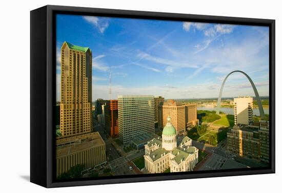 Elevated view of Saint Louis Historical Old Courthouse and Gateway Arch on Mississippi River, St...-null-Framed Premier Image Canvas