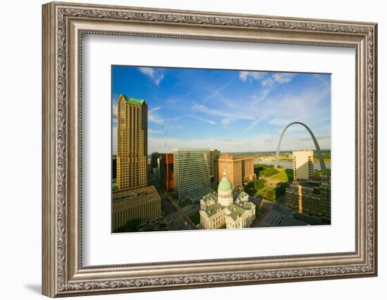 Elevated view of Saint Louis Historical Old Courthouse and Gateway Arch on Mississippi River, St...-null-Framed Photographic Print