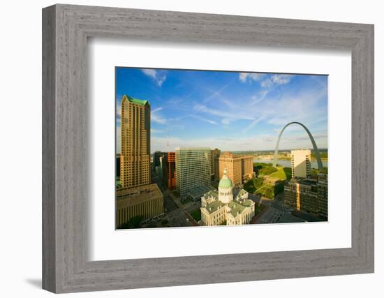 Elevated view of Saint Louis Historical Old Courthouse and Gateway Arch on Mississippi River, St...-null-Framed Photographic Print