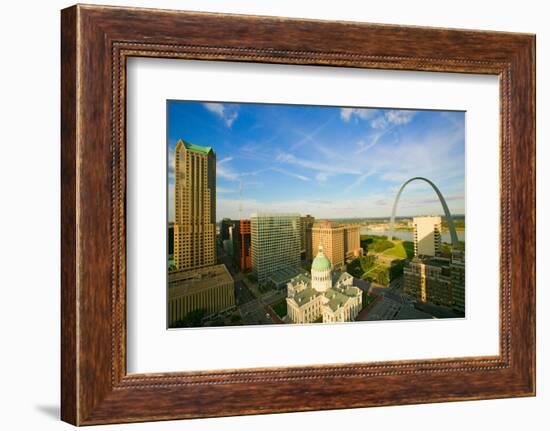 Elevated view of Saint Louis Historical Old Courthouse and Gateway Arch on Mississippi River, St...-null-Framed Photographic Print