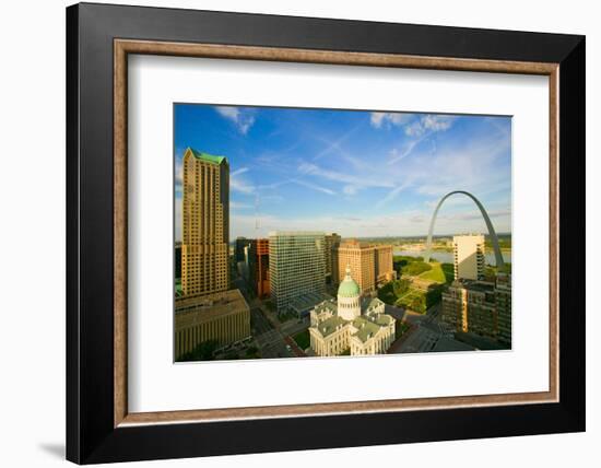 Elevated view of Saint Louis Historical Old Courthouse and Gateway Arch on Mississippi River, St...-null-Framed Photographic Print