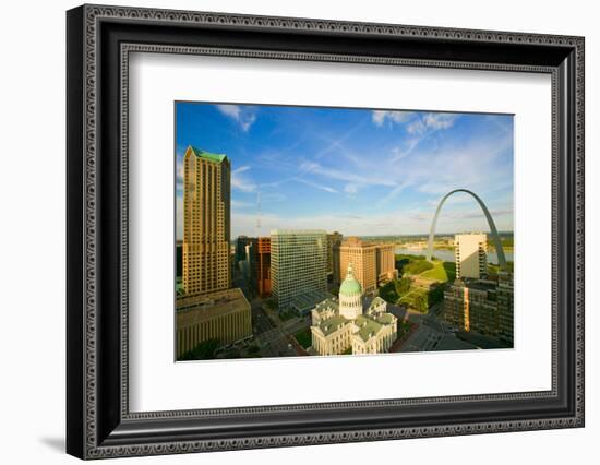 Elevated view of Saint Louis Historical Old Courthouse and Gateway Arch on Mississippi River, St...-null-Framed Photographic Print