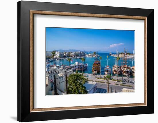 Elevated view of ships in Kos Harbour, Kos Town, Kos, Dodecanese, Greek Islands, Greece, Europe-Frank Fell-Framed Photographic Print